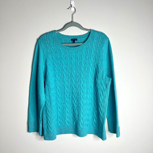 Talbots Button Cuff Cable Knit Tweed Sweater In Turquoise Preppy Crew Neck Sz 2X - Picture 2 of 6